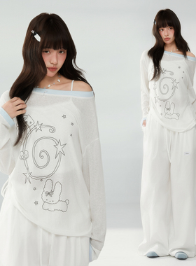ECHOSTA“半夏流螢”漩涡小兔印花长袖T恤上衣宽松罩衫女春夏