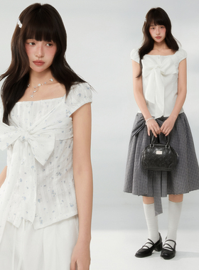 ECHOSTA“白日诗章”碎花系带蝴蝶结设计收腰显瘦衬衫上衣女春夏