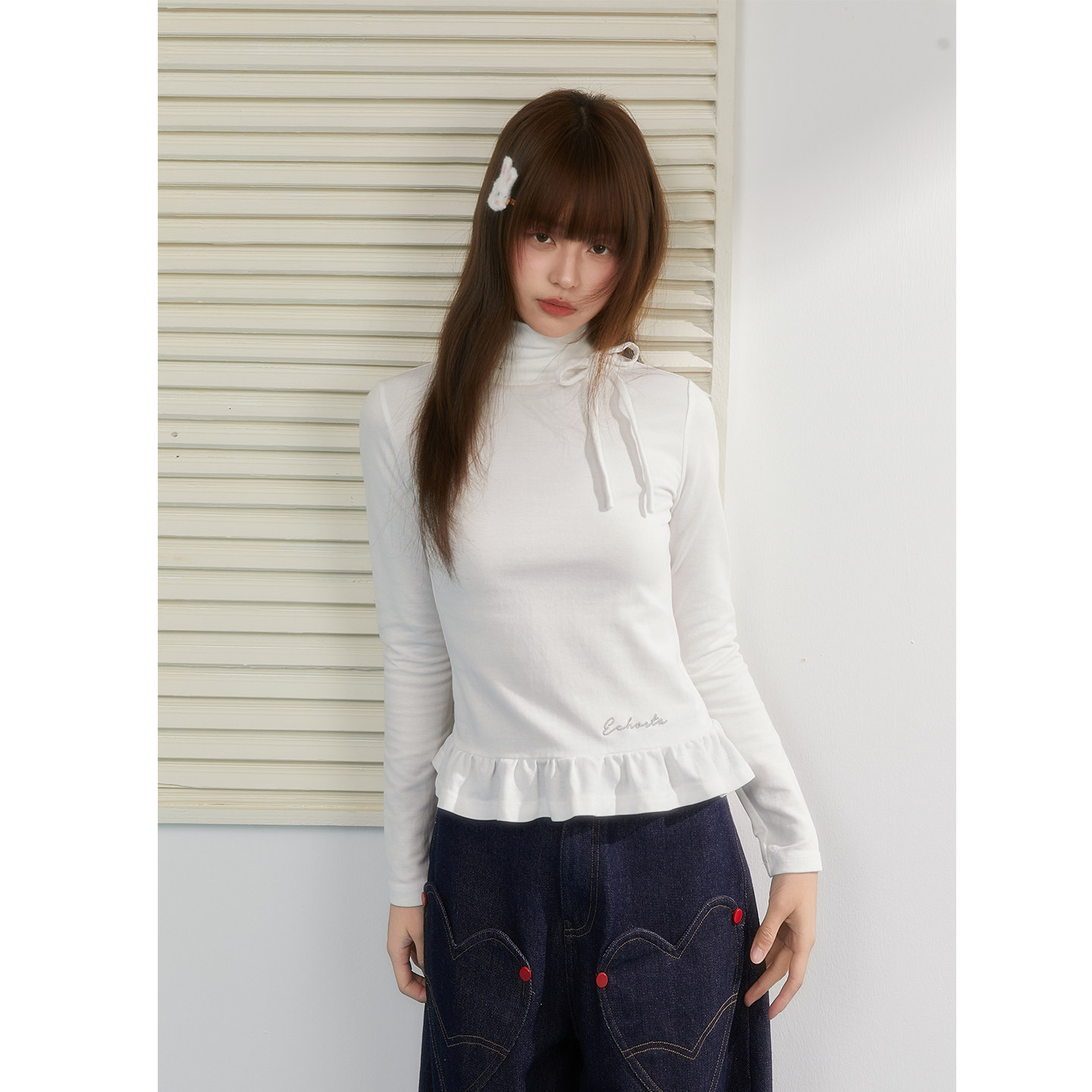 ECHOSTA木耳边长袖中高领打底衫上衣内搭蝴蝶结织带领口春女新款,女装/女士精品,T恤,淘宝优惠券,粉丝福利购,淘宝优惠卷