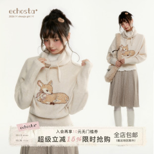 ECHOSTA小鹿提花羊毛毛衣蝴蝶结领收腰斗篷套头针织长袖上衣秋女