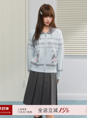 ECHOSTA水蓝色兔子费尔岛提花针织开衫毛衣可爱拉链秋冬