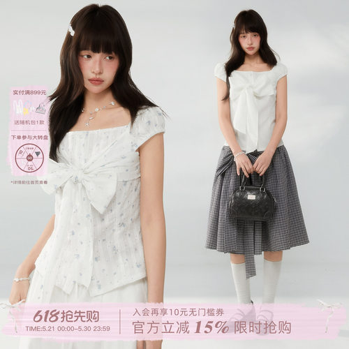 ECHOSTA“白日诗章”碎花系带蝴蝶结设计收腰显瘦衬衫上衣女春夏