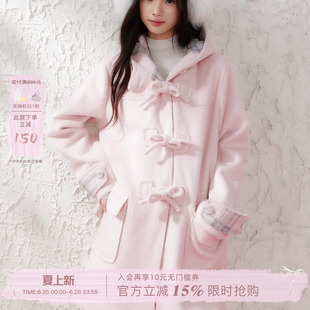 ECHOSTA 粉色蝴蝶结拼接深秋初冬大衣少女毛呢浪漫百搭外套