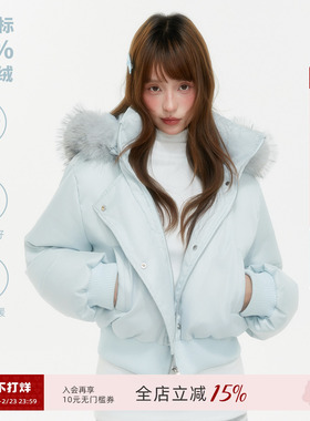 ECHOSTA90白鸭绒羽绒服蓝色卡其色毛领短款外套冬季新款女小个子