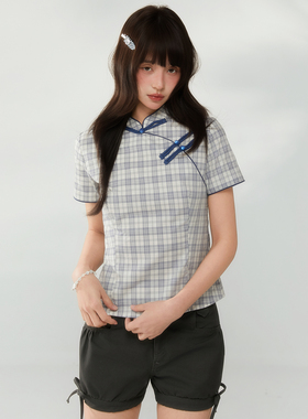 ECHOSTA“仲夏晚风”中式盘扣蓝白格纹短袖衬衫正肩收腰显瘦上衣
