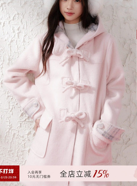 ECHOSTA 粉色蝴蝶结拼接深秋初冬大衣少女毛呢浪漫百搭外套