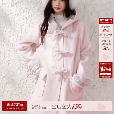 粉色蝴蝶结拼接格纹外套