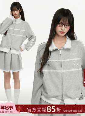 ECHOSTA灰色蕾丝蝴蝶结短裙外套套装春季休闲少女感拉链两件套