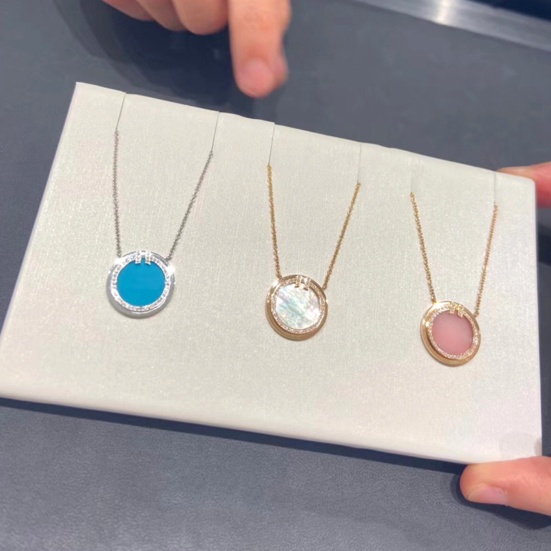 双t圆形项链 女18k玫瑰金红玉髓白贝母锁骨链纯银硬币圆牌吊坠ins