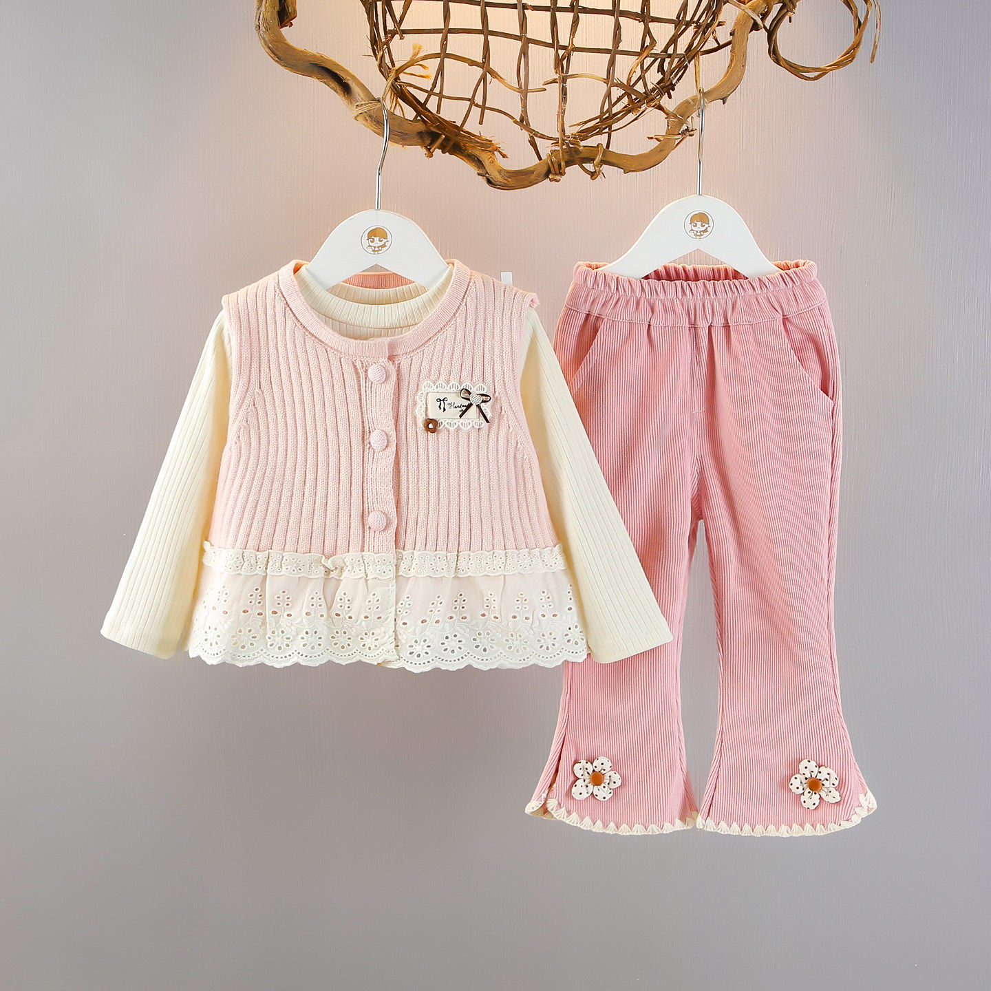 女童甜美可爱针织马甲套装女宝宝春秋新款韩版洋气蕾丝长袖三件套