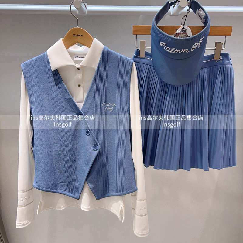 MALBON高尔夫服装春款运动穿搭女士V领马甲长袖POLO衫百褶半身裙