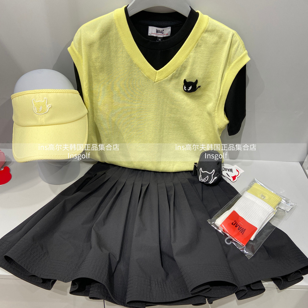 Waac高尔夫运动套装25春夏款针织V领马甲半袖T恤高腰百褶半身短裙
