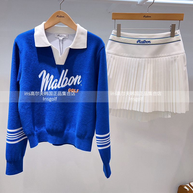 MALBON女款高尔夫服装春季新款拼色条纹休闲上衣不规则半身短裙潮