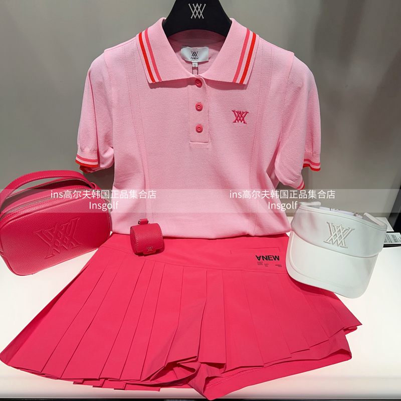 ANEW春夏高尔夫服装女士翻领冷感针织短袖上衣golf运动百褶休闲裙