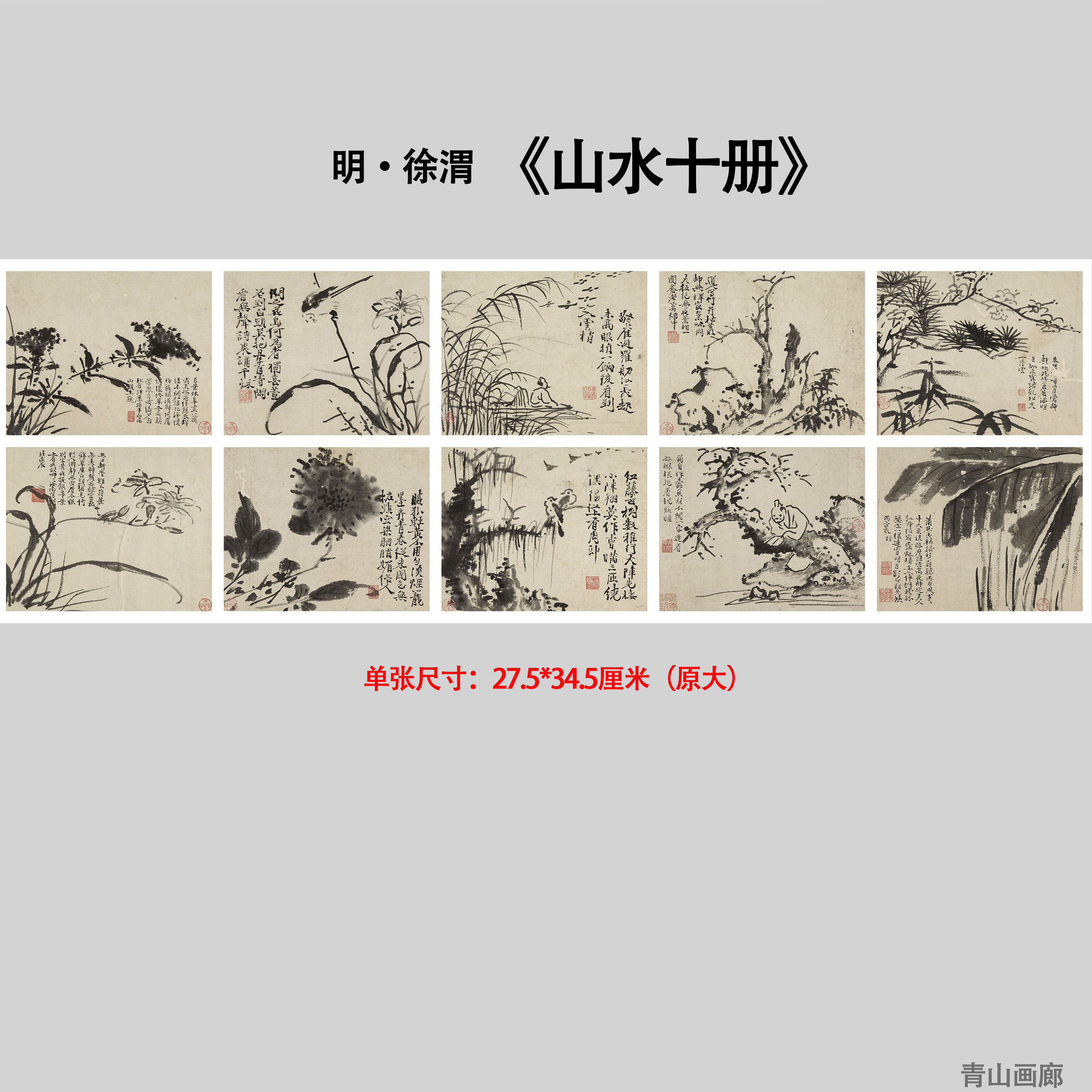 新品明徐渭 山水十册仿古国画册页十开高清微喷复制临摹学习范本