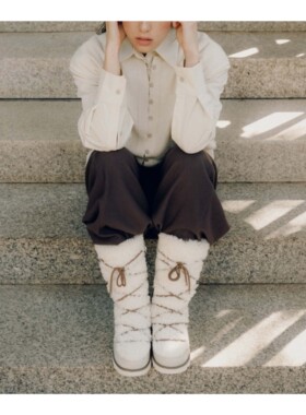 若若韩代正品直邮cueren25秋冬款蝴蝶结系带羊毛保暖雪地靴长筒