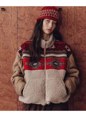 若若韩代正品直邮fritur nana quilted复古摇粒绒拼接夹克外套女