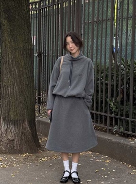 若若韩国正品代购Dearest25秋冬宽松摇粒绒卫衣半身裙冬女长款