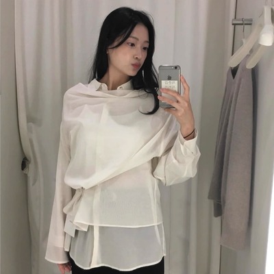 若若韩国正品代购直邮amomento新款两穿褶皱立领衬衫内搭女打底