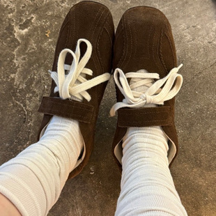 若若正品韩国代购直邮khiho秋冬复古芭蕾风休闲鞋棕色麂皮魔术贴