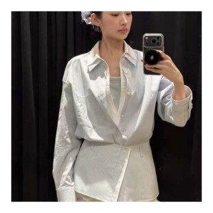 韩代正品直邮grove26新假两件条纹衬衫半身裙屁帘叠穿宽松通勤