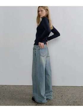 若若韩代正品直邮108pound全棉阔腿宽松直筒牛仔长裤女休闲慵懒