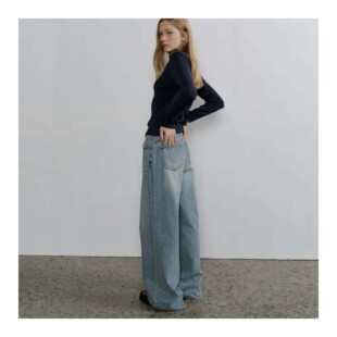 若若韩代正品直邮108pound全棉阔腿宽松直筒牛仔长裤女休闲慵懒