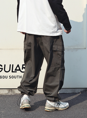 Sigbreak日系大口袋工装宽松抽绳直筒休闲裤纯色CHINO裤长裤男