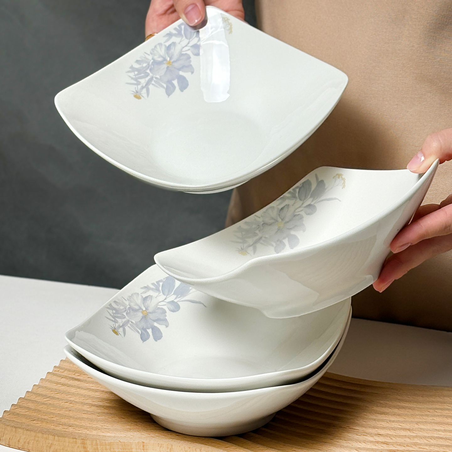 陶瓷翘脚碗四角盘子菜盘家用沙拉碗8英寸碟深盘创意菜碗异形盘子