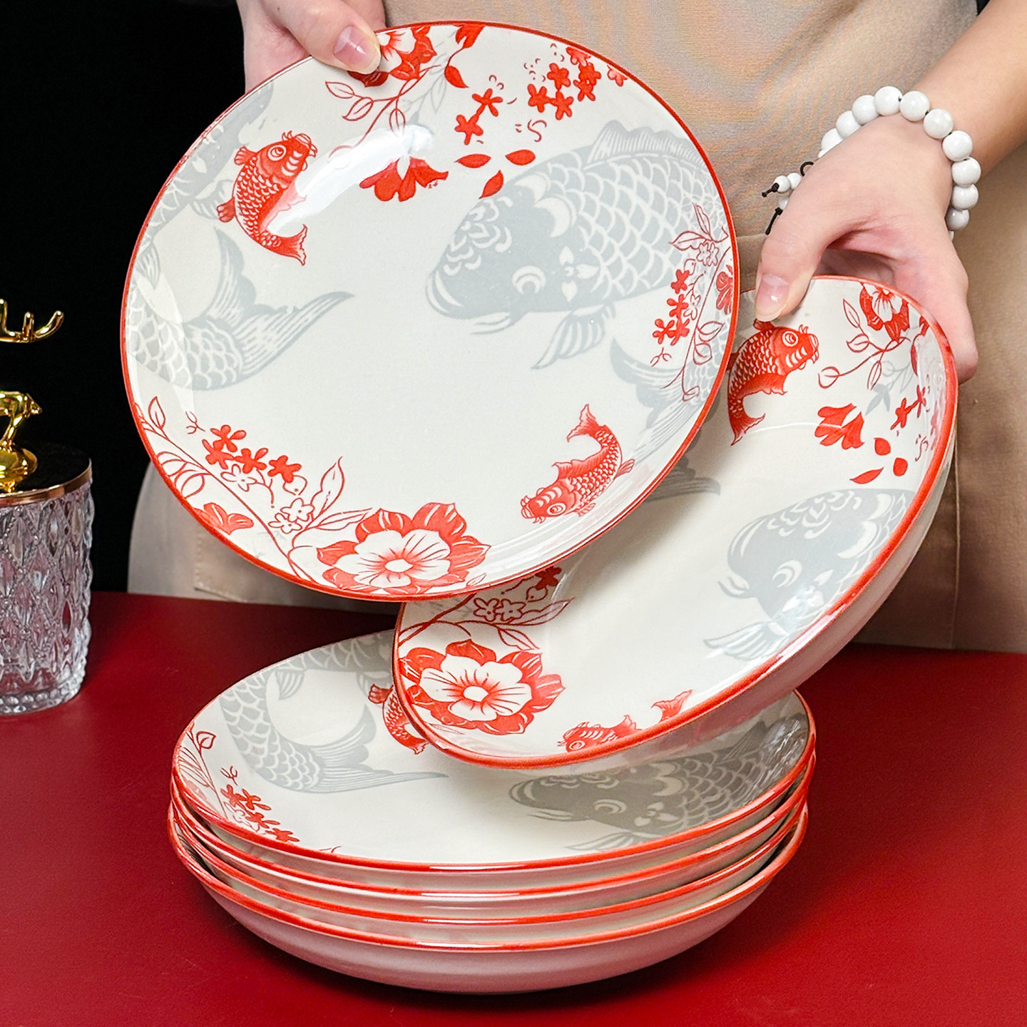 10个装陶瓷盘子家用菜盘红鲤鱼圆形釉下彩红色盘子深盘炒菜盘碟子,餐饮具,盘,淘宝优惠券,粉丝福利购,淘宝优惠卷