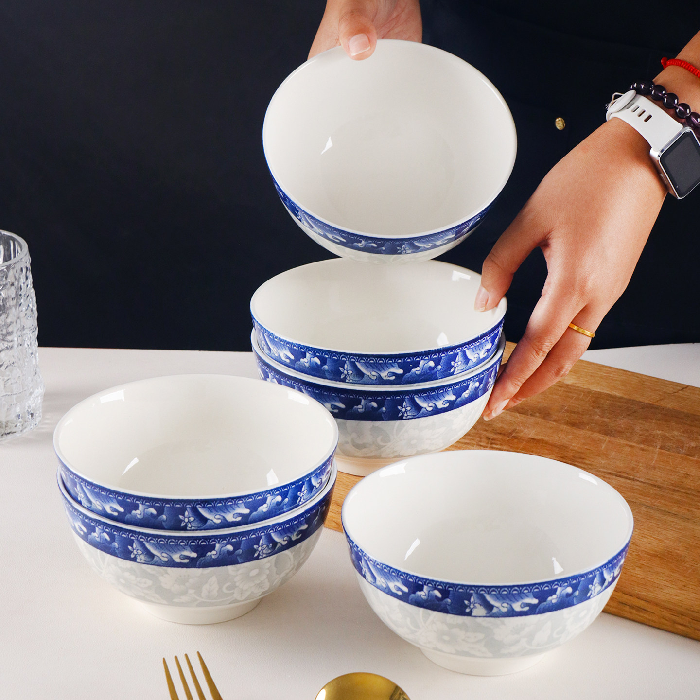 饭碗家用中式碗青花瓷5英寸商用釉下彩餐饮店防烫加厚复古米饭碗