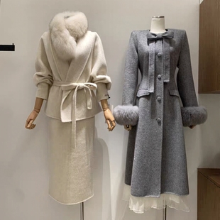 2025秋冬韩国东大门气质名媛浴袍系带双面羊毛绒外套直筒裙两件套