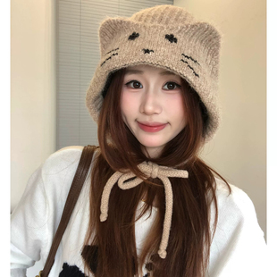 韩系可爱猫耳系带帽子女秋冬季甜美保暖针织帽骑车防风护耳套头帽