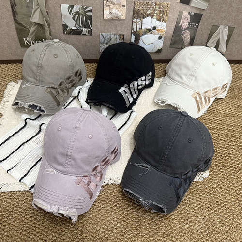 韩版做旧破洞弯檐棒球帽显脸小
