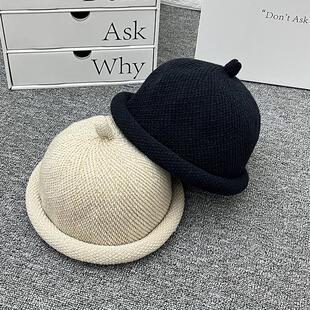 日系高级感针织瓜皮帽秋冬季男女同款保暖卷边奶嘴帽时髦毛线帽子
