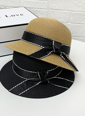 复古水钻蝴蝶结草帽女夏季网红款遮阳宽檐盆帽出游防晒圆顶礼帽潮
