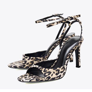 西班牙ZA家 欧美风豹纹细跟一字带露趾凉鞋女性感时尚百搭高跟鞋