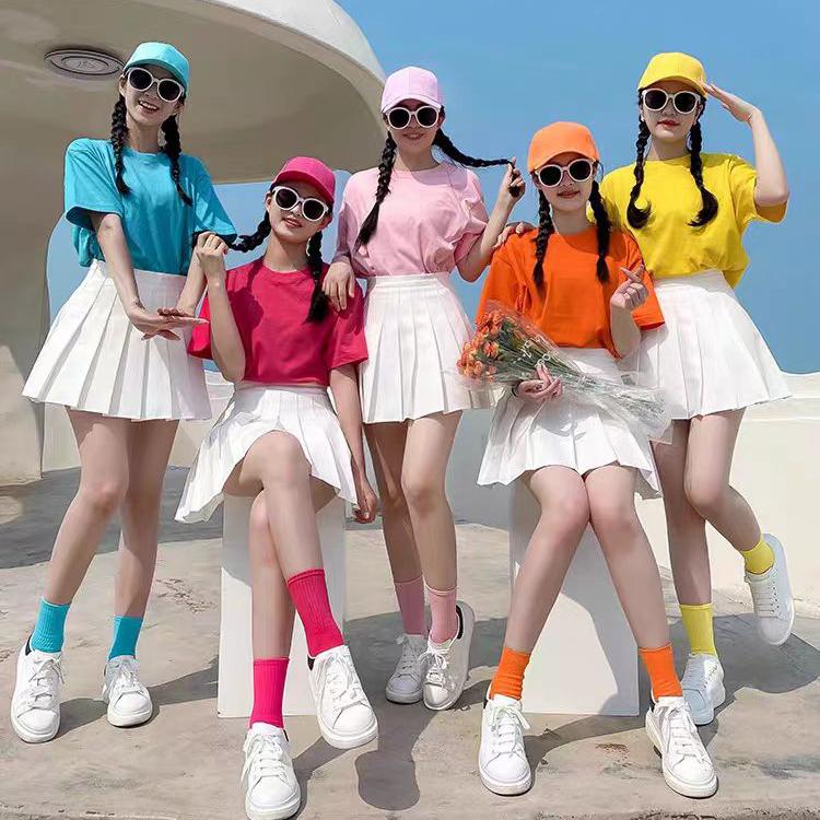 彩色新款女上衣纯棉高腰型百褶裙套装团体班服聚会糖果闺蜜装姐妹