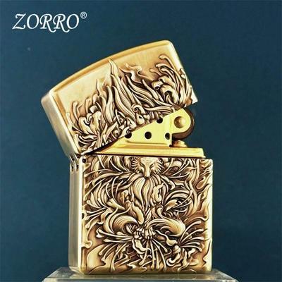 佐罗912盔甲纯铜黄铜煤油打火机3D立体浮雕雕刻精雕貔貅九尾狐图