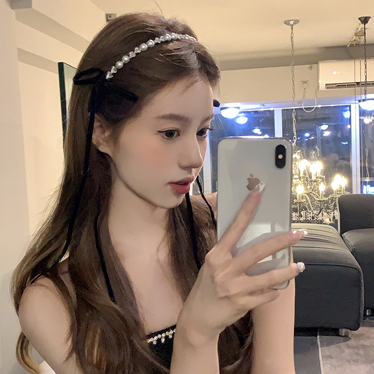 千金感超闪水钻珍珠蝴蝶结发箍女绑发飘带法式丝带头箍新款头饰