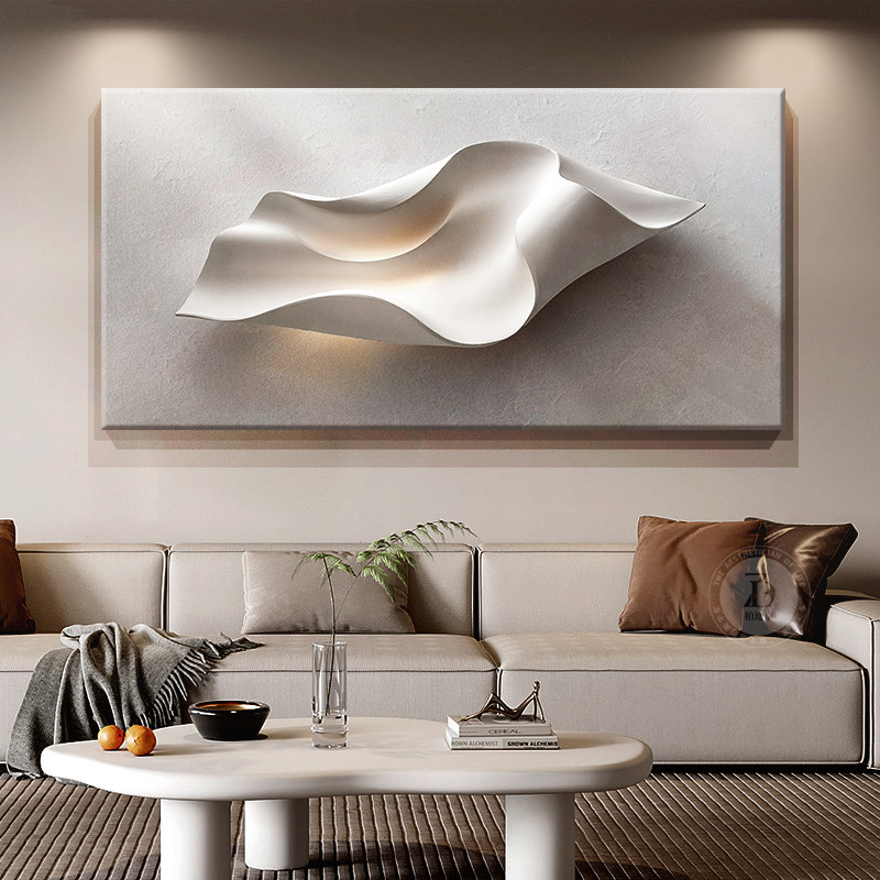 轻奢高级感客厅大白墙装饰画浮雕立体感沙发背景墙挂画横版墙壁画