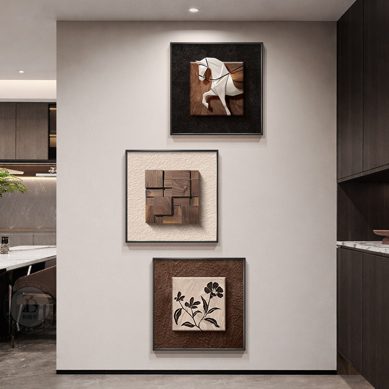 马到成功玄关装饰画立体砂岩实木入户门走廊过道挂画高级感组合画