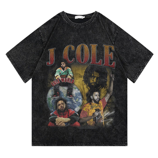 同款 T恤长袖 直喷T欧美风水洗做旧短袖 jcole科尔嘻哈说唱歌手数码