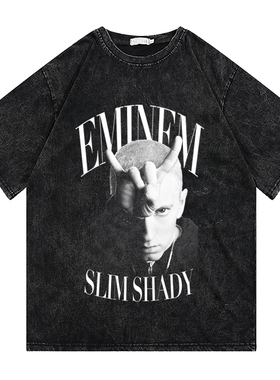 Eminem 八英里8Mile小领口复古水洗做旧纯棉阿姆T短袖T恤长袖同款