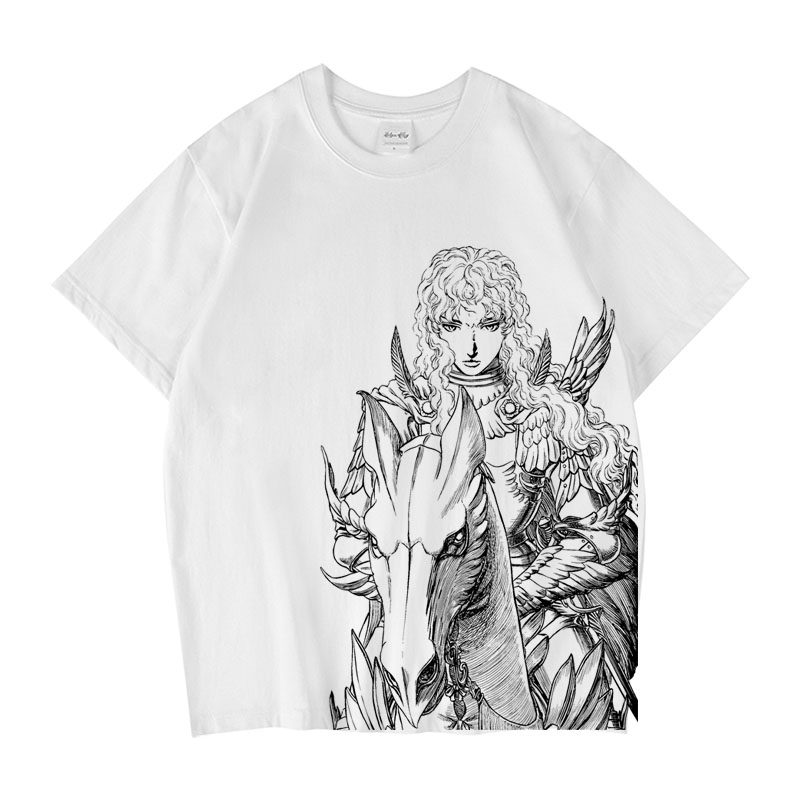 CLFC 动漫T剑风骑马格里菲斯大图案水洗做旧纯棉短袖长袖黑白T恤