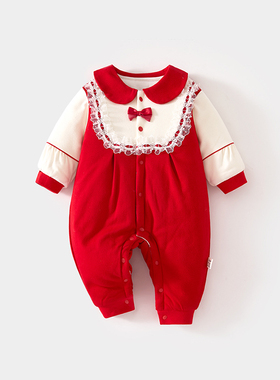婴儿红色过年拜年服加棉120g宝宝连体衣夹棉加厚秋冬装连身衣爬服