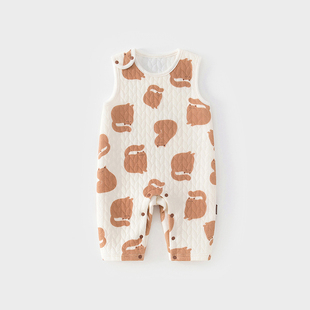 宝宝背带裤秋冬季婴儿纯棉三层夹丝棉哈衣保暖长裤无袖外出连体衣