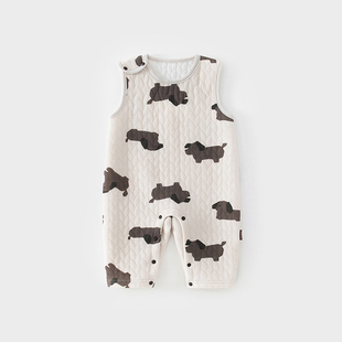 婴儿背带裤三层保暖夹丝绵男女宝宝连体衣无袖家居服婴哈衣爬服