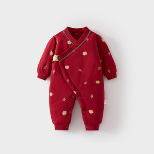 新生婴儿满月宝宝衣服夹棉红色连体衣60克薄棉喜庆婴儿蝴蝶衣52码