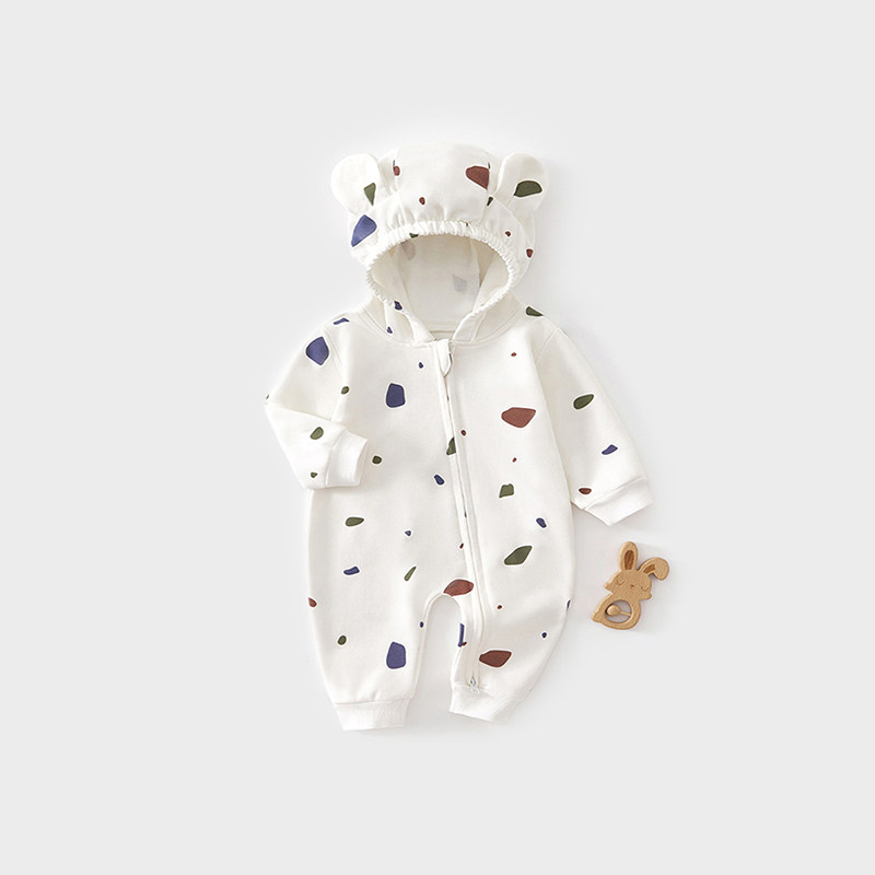 婴儿外出爬服秋冬装超可爱婴儿连体衣纯棉带帽拉链男女宝宝衣服
